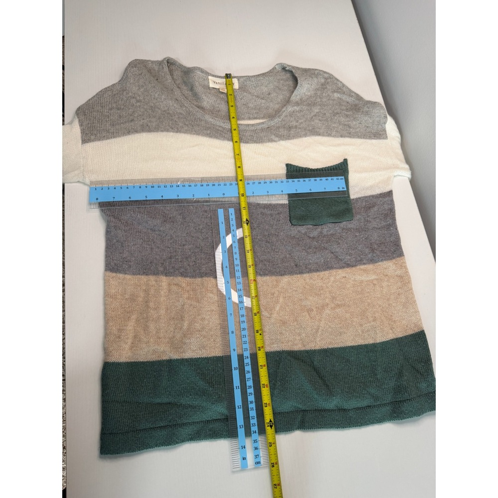 Vanilla Bay Womens Striped Long Sleeve Pocket Sweater Grey Green Tan Size Small - Picture 9 of 11